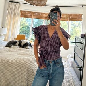 Madewell Top, Blue and Red Checkered, Front Knot, XXS